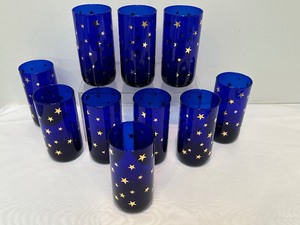 lot 33 image: Set of Ten Glass Vintage Cobalt Blue Tumblers with Gold Stars
