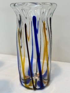 lot 38 image: Artisan Glass Vase and Pair of Cobalt Blue Glass Candle Holders