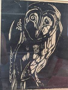 lot 193 image: Framed Wood Block Owl Print