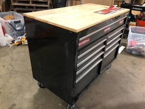 Husky 46 in. W x 24.5 in. D Standard Duty 9-Drawer Mobile Workbench Cabinet with Solid Wood Top in Gloss Black No Keys Door are Shut Customer Returns See Pictures