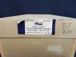 lot 44 image: Case of 72  Merco Mercer Glass Works 12 Dram Glass Shell Vials with Snap Cap