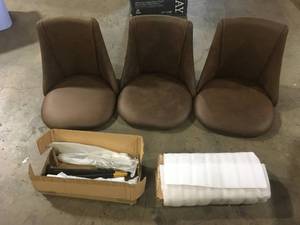 lot 4 image: Lot of 2  Smeg Charcoal Grey Faux Leather Upholstered Black Gold Metal Legs Side Dining Chairs (Set of 2)   Customer Returns See Pictures