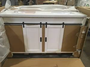 lot 10 image: Glacier Bay Brindley 60 in. W x 20 in. D x 34.5 in. H Barn Door Bath Vanity in White with Engineered Stone Top  Customer Returns See Pictures