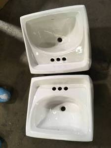 lot 39 image: Lot of 2 American Standard Lucerne Wall-Mounted Bathroom Vessel Sink with Faucet Holes on 4 in. Center in White  Customer Returns See Pictures