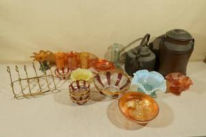 Assorted Antique Glassware - Copper Teapot and Container
