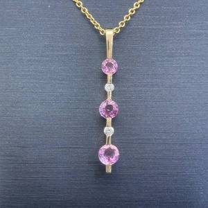 lot 31 image: Designer EFFY Pink Sapphire & Diamond Journey Bar Floating Pendant Necklace in 14k Yellow Gold w Original Tag Attached $1,499 Retail