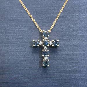 lot 40 image: Natural Blue Sapphire & Diamond Cluster Cross Pendant Necklace in Yellow Gold $1,289 Retail