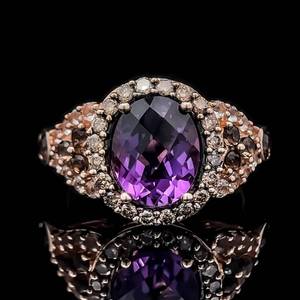lot 8 image: Designer Le Vian Oval Checkerboard Amethyst, Smoky Quartz & Diamond Ornate Ring in 14k Rose Gold $2,750 Retail VIDEO