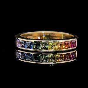lot 11 image: Vibrant Rainbow Natural Sapphire Square Cut Invisible Channel Set Ring in 18k Yellow Gold $2,250 Retail VIDEO