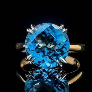 lot 23B image: Large Blue Topaz Double Four-Prong Solitaire Statement Estate Ring in 14k Gold $1830 Retail  VIDEO 