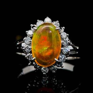 lot 25B image: 1.66 Carat Cabochon Fire Opal & Diamond Ovals Estate Ring in Platinum $3,420 Retail VIDEO 