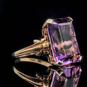 lot 26 image: Large & Vibrant Amethyst Rectangular Solitaire Fleur de Lis Estate Ring in 14k Yellow Gold $1,850 Retail VIDEO