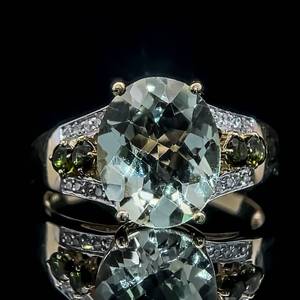 lot 44B image: Crisp Minty-Sea Color Prasiolite Quartz, Peridot & Diamond Statement Ring in Yellow Gold $1,450 Retail  VIDEO