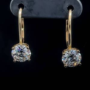 lot 46B image: 2 Carat Moissanite Round Brilliant Solitiare Dangle Earrings w Lever Backs in 14k Yellow Gold  VIDEO