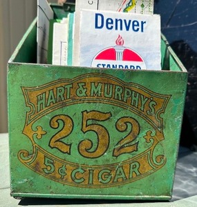 lot 3 image: Antique Hart & Murphys Cigar Advertising Tin wContents, Road Maps, etc