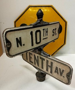 lot 21 image: Vintage Yellow & Black Stop Sign and Mounted Street Sign