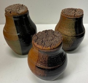 lot 28 image: 3 Signed Studio Pottery Ginger Jars W Cork Stoppers
