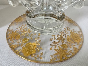 lot 133 image: Pair of Cambridge Keyhole Double Candleholders, Etched Wildflower, Gold Encrusted