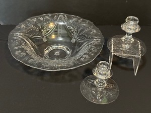 lot 45 image: Vintage Elegant Glass 3-Pc Console Set, Bowl & Candlesticks wBeautiful Wheel Cutting