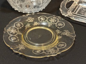lot 44 image: Vintage Heisey Bread Plate, Heisey Double MayoDressing Bowl, Heisey Orchid Tray for Sugar & Creamer and Heisey Formal Chinz Demi Saucer