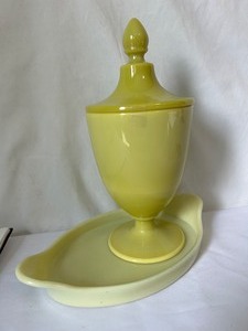lot 68 image: Cambridge 1920s Ivory Opaque Tray and Primrose 1-lb Candy Jar & Lid