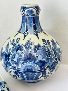 lot 159 image: 4 Pcs De Porceleyne Fles Delft 8 Vase, Candleholder & (2) Dutch Shoes