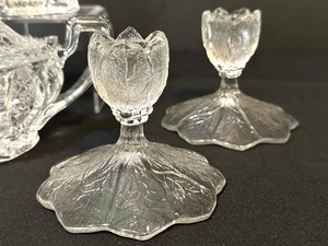 lot 39 image: Cambridge Glass Nearcut Daisy Cream & Sugar Set and Vintage Cambridge Glass Arcadia Candle Holders