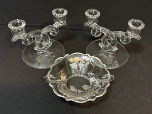 lot 25 image: Pair of Antique Heisey Lariat Double Candle Stick Holders and Heisey Plantation Silver Overlay Bowl
