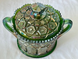 lot 91 image: Cambridge Nearcut Inverted Feather Green Carnival Glass Cracker Jar wLid, Circa 1910