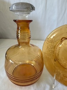 lot 238 image: Cambridge Amber Wildflower 8 Plate wGold & Tally Ho Amber Decanter wOriginal Crystal Stopper (Damage)