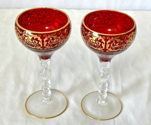 lot 221 image: Pair of Rare Cambridge Glass Carmen Goblets with Gold Silk Screen Detailing