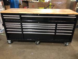 Husky 72 in. W x 24 in. D Standard Duty 18-Drawer Mobile Workbench Tool Chest with Solid Wood Top in Gloss Black  Customer Returns See Pictures