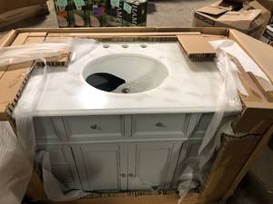 Home Decorators Collection Hampton Harbor 44 in. W x 22 in. D Bath Vanity in Dove Grey with Natural Marble Vanity Top in White Customer Returns See Pictures