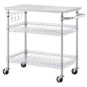 lot 32 image: Gatefield Chrome Rolling Kitchen Cart with Stainless Steel Top and Storage Shelves (36 W)