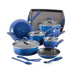lot 47 image: Rachael Ray Brights Nonstick Cookware Set  Pots and Pans Set - 14 Piece, Royal Blue