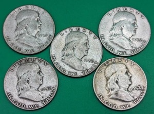 Five 1952 Benjamin Franklin Silver Half Dollars