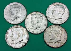 Five 1964 Kennedy Silver Half Dollars