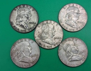 Five 1962 Benjamin Franklin Silver Half Dollars