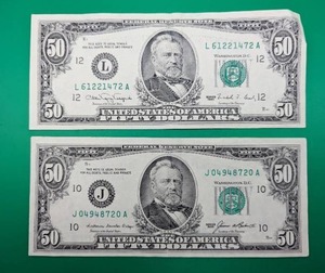 Two Vintage Fifty Dollar Bills