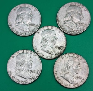 Five 1961 Benjamin Franklin Silver Half Dollars