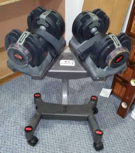 lot 599 image: 20 LB Bow flex Dumbbells with Stand.
