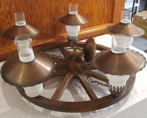 Wood Wheel Ceiling Light. 5 Lights With Shades, 24 In. Diameter