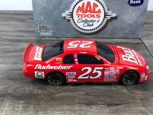lot 57 image: 1999 Nascar Mac Tools Collectors Club Wally Dallenbach Monte Carlo #25  Budweiser 124 scale die cast coin bank