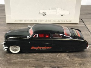 lot 65 image: 1999 SpecCast 1949 Mercury Custom Street Rod Budweiser King of Beers 125 scale die cast coin bank car