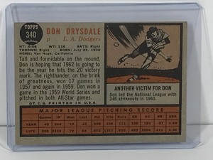 lot 111 image: 1962 Topps Don Drysdale Baseball Card #340