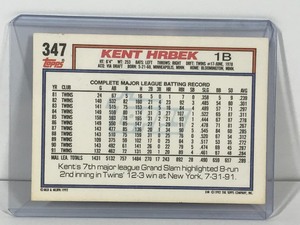 lot 116 image: 1992 Topps Signed Baseball Card Kent Hrbek Minnesota Twins Baseball Card #347