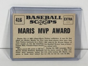 lot 118 image: 1961 Base Scoops Roger Maris Nips Mickey Mantle for AL MVP Award Baseball Card #416