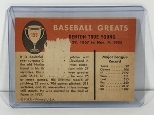 lot 122 image: 1961 Fleer Baseball Card Cy Young #153
