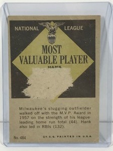 lot 126 image: 1961 Topps Hank Aaron MVP National League 1957 Baseball Card #484