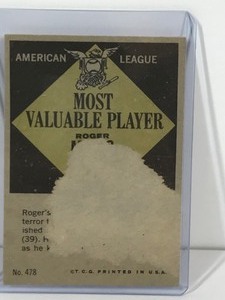 lot 127 image: 1961 Topps Roger Maris MVP American League 1960 Baseball Card #478